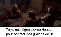 Teyla qui négocie avec Hendon pour acheter des graines de lin
